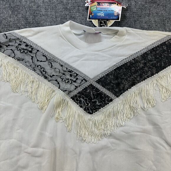 Vintage 90s Sweatshirt White Fringe Lace Half Dolman Made in USA Deadstock - Picture 2 of 13